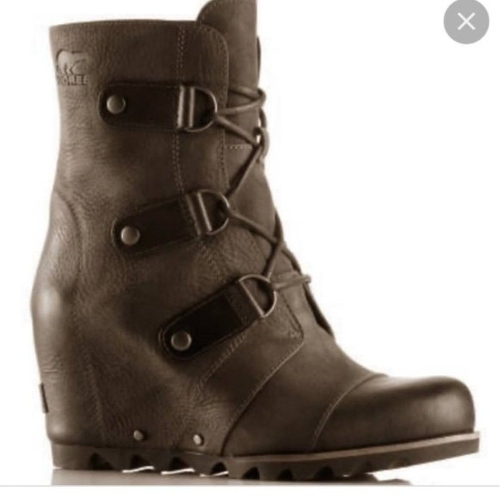 SOREL Joan Of Arctic Leather Wedge Boot Mid Calf Distressed Brown